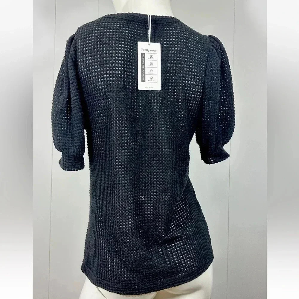 NWT Prettywear Puff Short Sleeve Top Waffle Loose Casual Blouses Sz M - Picture 5 of 9